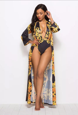 Sexy One Piece Swimsuit with Cover Up Set Black and Gold