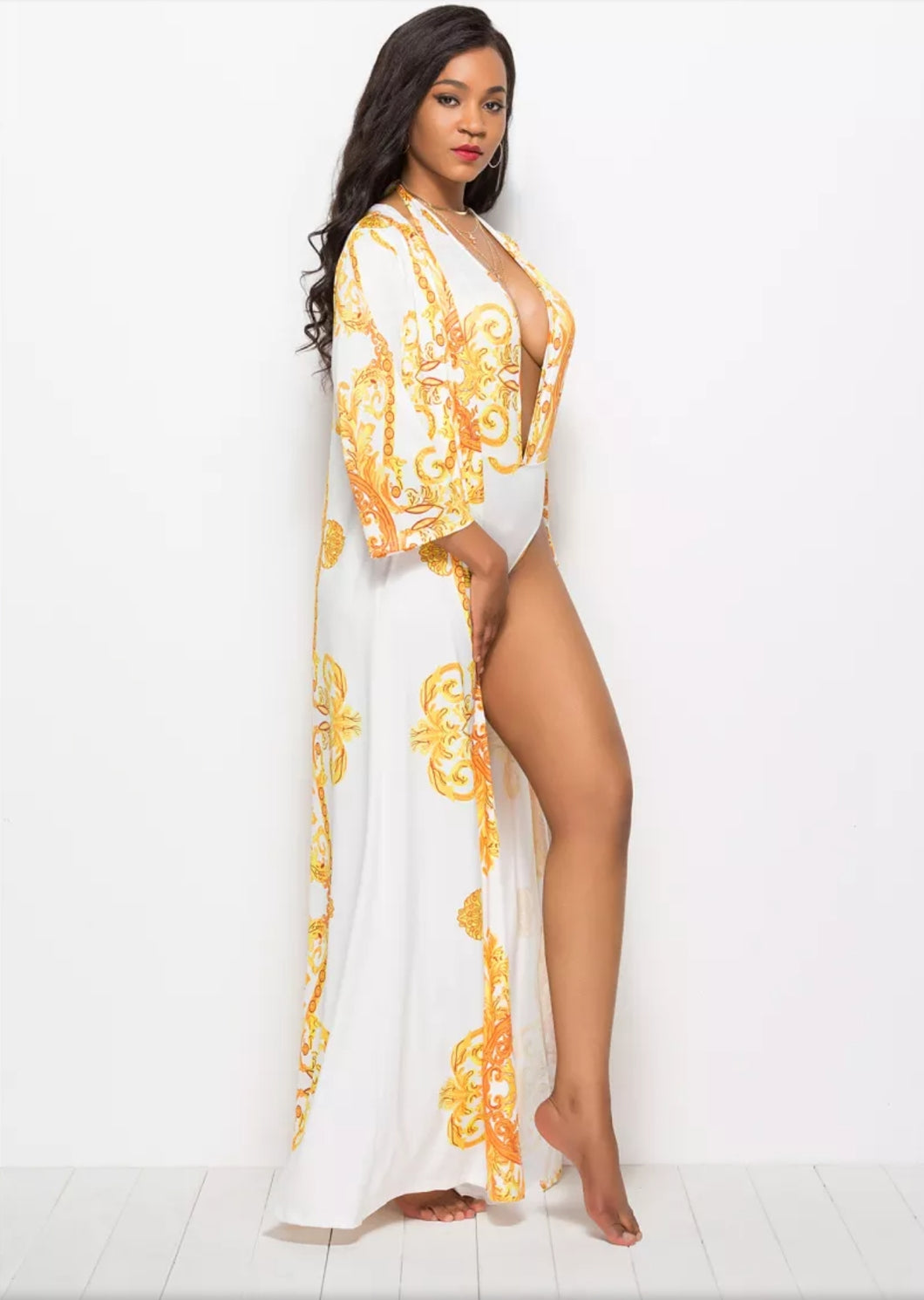 Sexy One Piece Swimsuit With Cover Up Set White and Gold